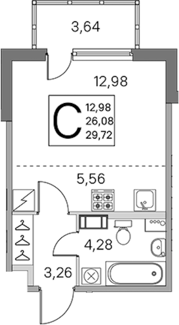 Квартира студия 26.08 м², 4/5 эт., ЖК «ЮгТаун. Олимпийские кварталы»